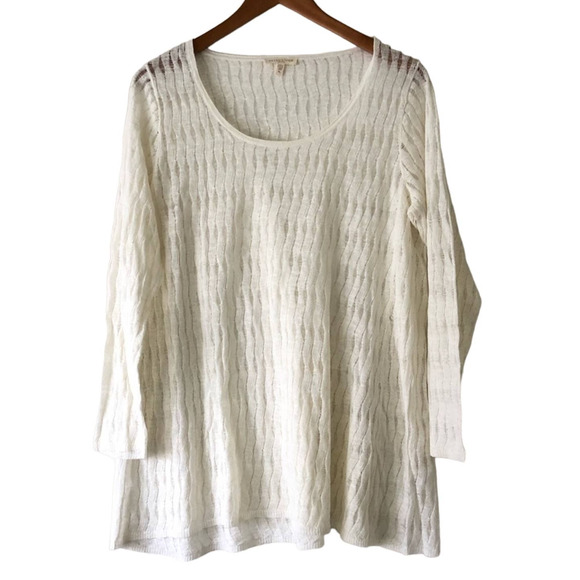 Eileen Fisher Linen Sweater Knit Top Ivory White Crochet Flowy Petite Large - Picture 1 of 5